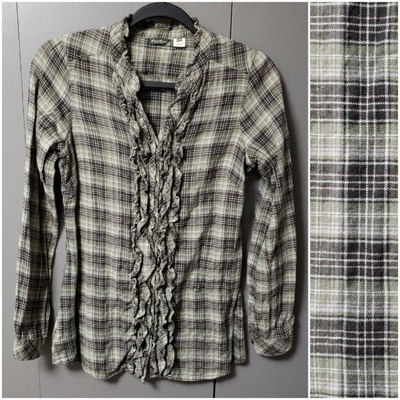 VTG Eddie Bauer Petite Green Plaid Ruffled Buttoned Down Shirt - Picture 1 of 10